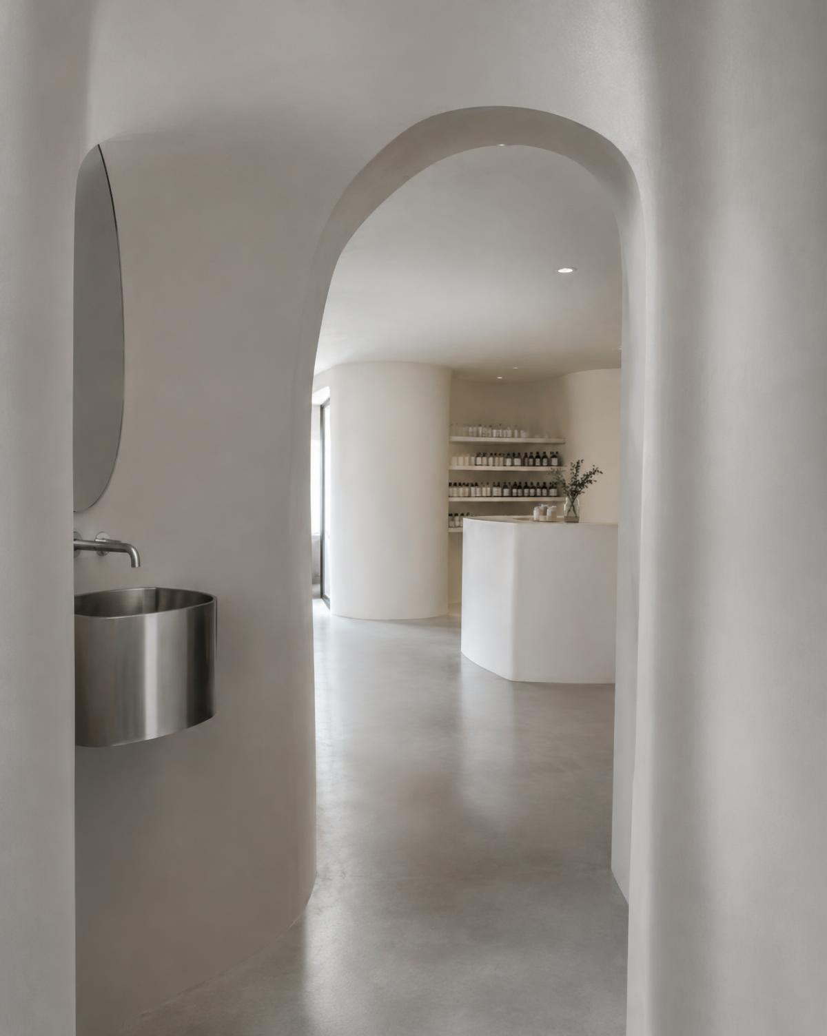 Arched plaster corridor with steel basin