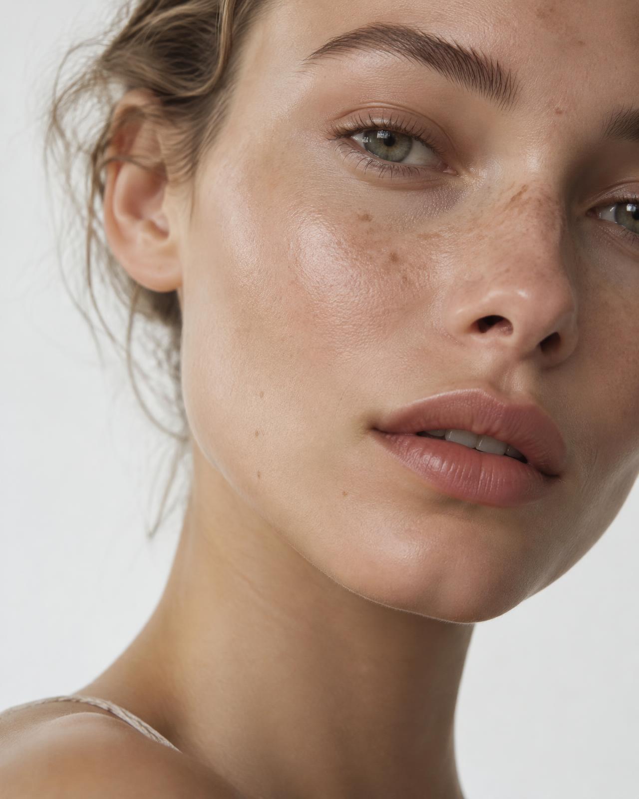 Close editorial portrait of natural, luminous skin